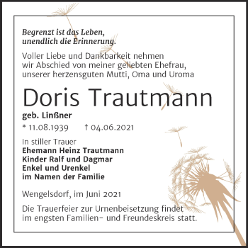 Traueranzeige von Doris Trautmann von Trauerkombi Merseburg
