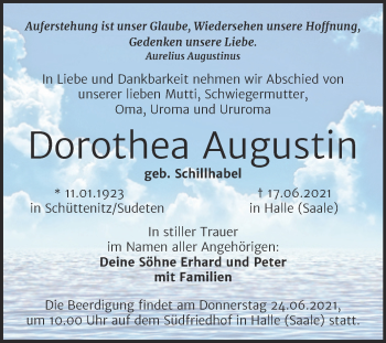 Traueranzeige von Dorothea Augustin von Mitteldeutsche Zeitung Halle/Saalkreis
