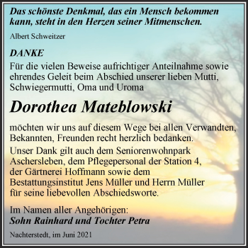 Traueranzeige von Dorothea Mateblowski von Trauerkombi Aschersleben
