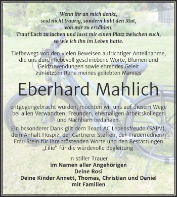 Traueranzeige von Eberhard Mahlich von Trauerkombi Dessau