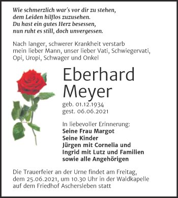 Traueranzeige von Eberhard Meyer von Trauerkombi Aschersleben