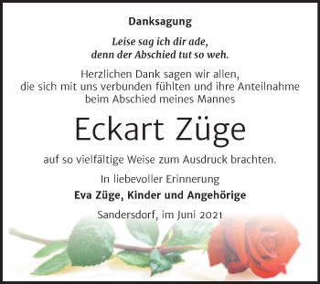 Traueranzeige von Eckart Züge von Trauerkombi Bitterfeld