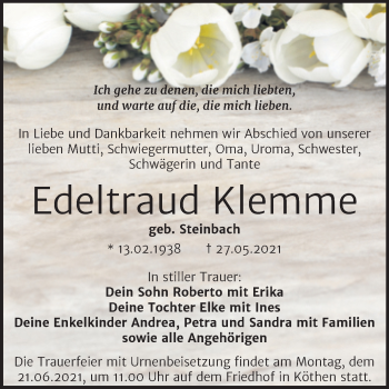 Traueranzeige von Edeltraud Klemme von Trauerkombi Köthen