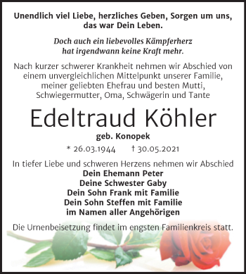 Traueranzeige von Edeltraud Köhler von Trauerkombi Wittenberg