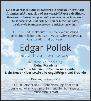 Traueranzeige von Edgar Pollok von Trauerkombi Dessau
