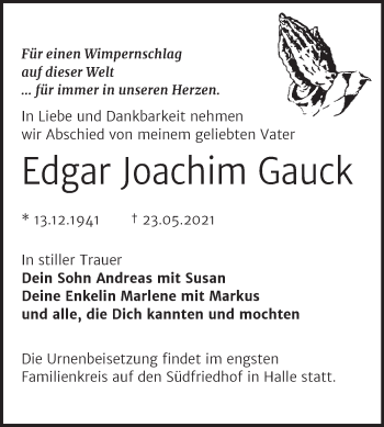 Traueranzeige von Edgar Joachim Gauck von Mitteldeutsche Zeitung Halle/Saalkreis