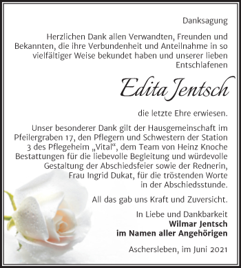 Traueranzeige von Edita Jentsch von Trauerkombi Aschersleben