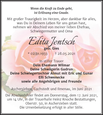Traueranzeige von Edita Jentsch von Trauerkombi Aschersleben