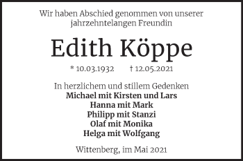 Traueranzeige von Edith Köppe von Trauerkombi Wittenberg