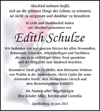 Traueranzeige von Edith Schulze von Trauerkombi Quedlinburg