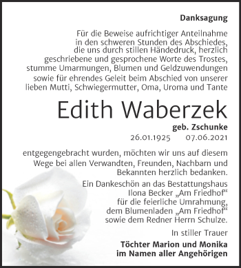 Traueranzeige von Edith Waberzek von Trauerkombi Sangerhausen