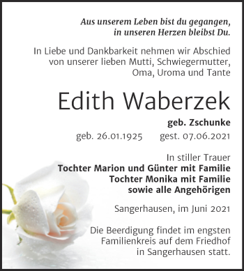 Traueranzeige von Edith Waberzek von Trauerkombi Sangerhausen