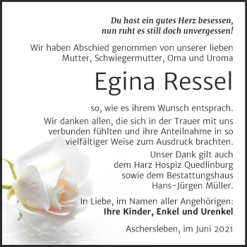 Traueranzeige von Egina Ressel von Trauerkombi Aschersleben