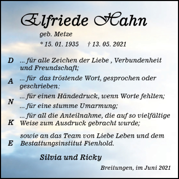 Traueranzeige von Elfriede Hahn von Trauerkombi Sangerhausen