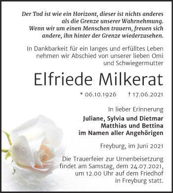 Traueranzeige von Elfriede Milkerat von Naumburger Tageblatt