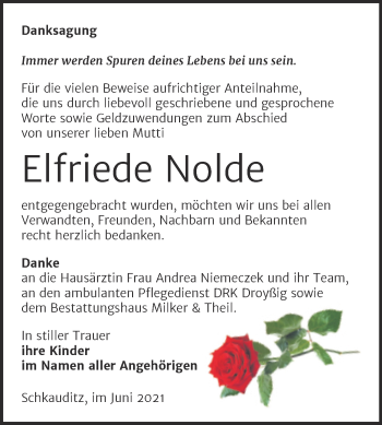 Traueranzeige von Elfriede Nolde von Trauerkombi Zeitz