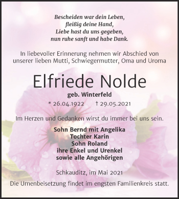 Traueranzeige von Elfriede Nolde von Trauerkombi Zeitz