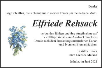 Traueranzeige von Elfriede Rehsack von Trauerkombi Bitterfeld