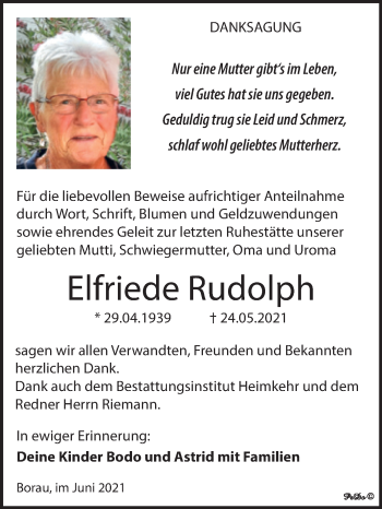 Traueranzeige von Elfriede Rudolph von Trauerkombi Weißenfels