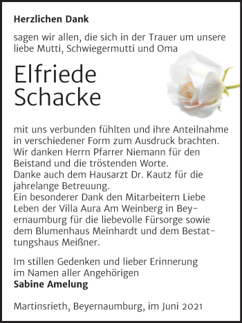Traueranzeige von Elfriede Schacke von Trauerkombi Sangerhausen