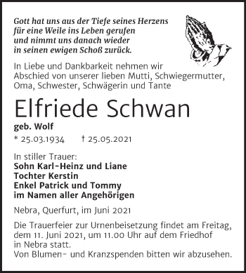Traueranzeige von Elfriede Schwan von Wochenspiegel Naumburg/Nebra
