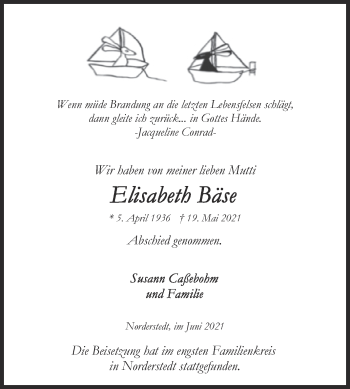 Traueranzeige von Elisabeth Bäse von Mitteldeutsche Zeitung Quedlingburg