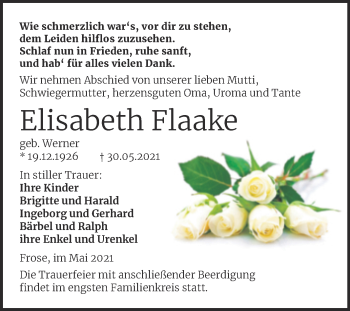 Traueranzeige von Elisabeth Flaake von Mitteldeutsche Zeitung Aschersleben