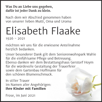 Traueranzeige von Elisabeth Flaake von Trauerkombi Aschersleben