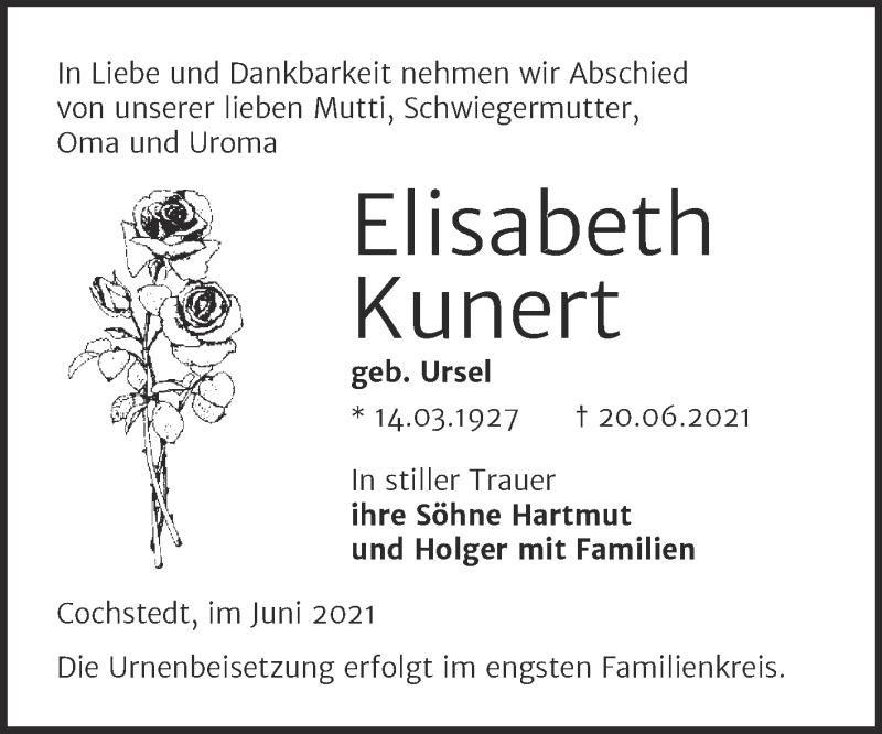  Traueranzeige für Elisabeth Kunert vom 26.06.2021 aus Trauerkombi Aschersleben