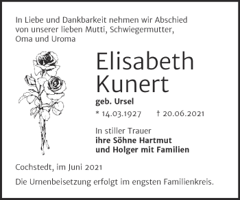 Traueranzeige von Elisabeth Kunert von Trauerkombi Aschersleben