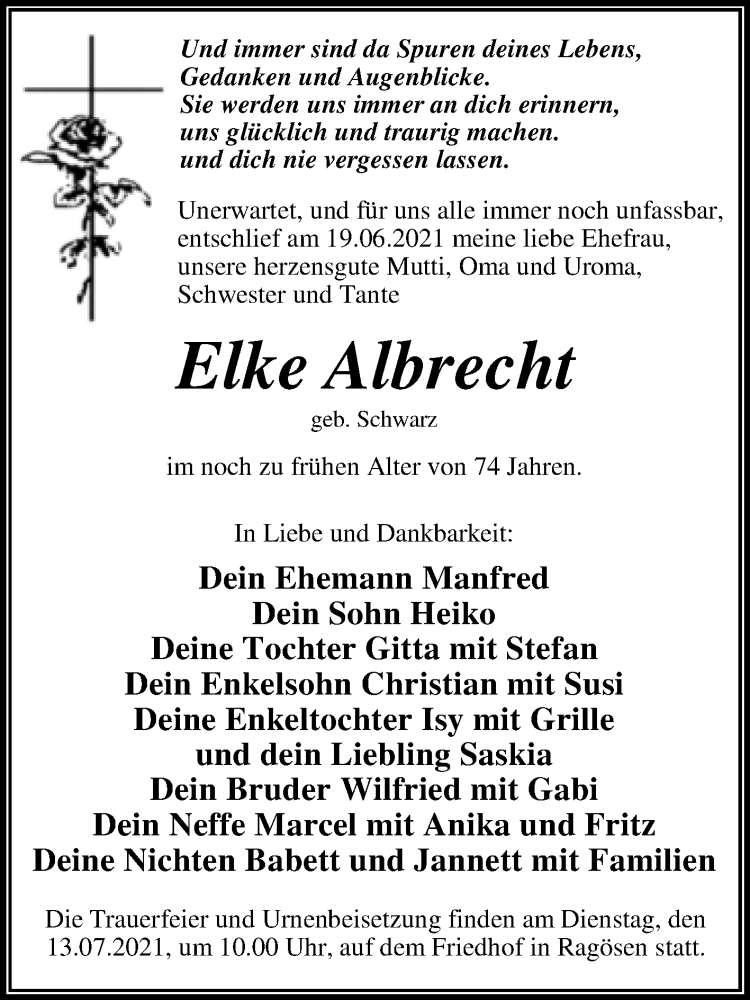 Traueranzeige für Elke Albrecht vom 26.06.2021 aus Trauerkombi Dessau
