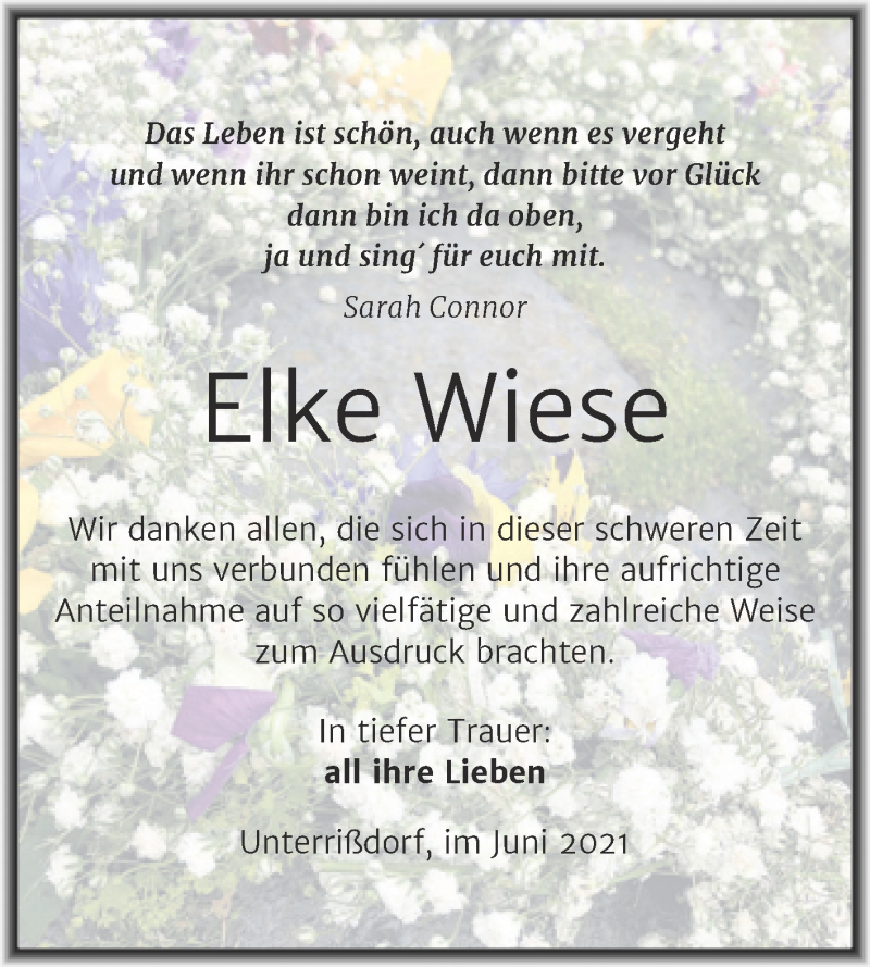  Traueranzeige für Elke Wiese vom 12.06.2021 aus Trauerkombi Mansfelder Land