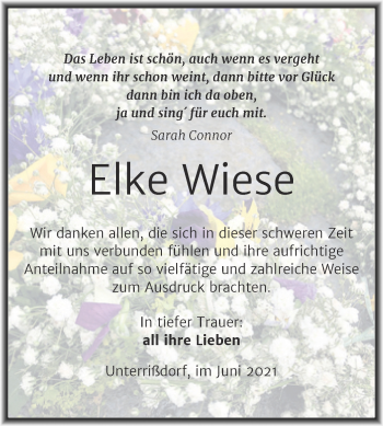 Traueranzeige von Elke Wiese von Trauerkombi Mansfelder Land