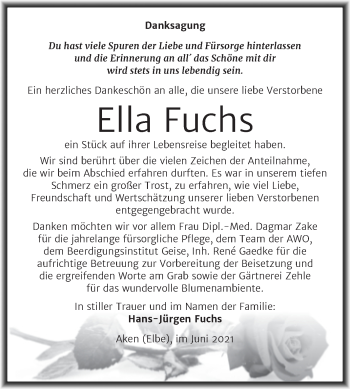 Traueranzeige von Ella Fuchs von Trauerkombi Köthen