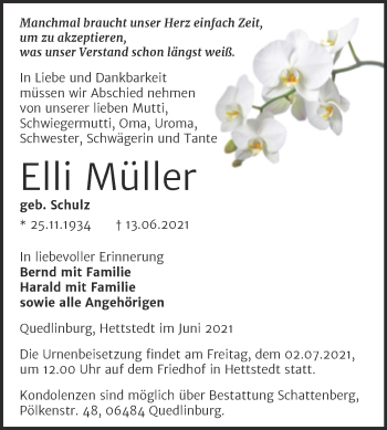 Traueranzeige von Elli Müller von Trauerkombi Mansfelder Land