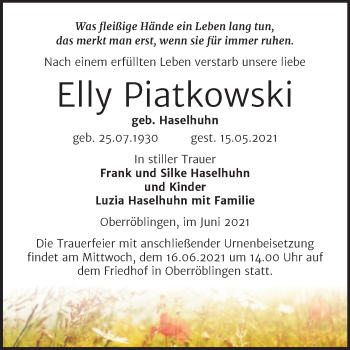 Traueranzeige von Elly Piatkowski von Trauerkombi Sangerhausen