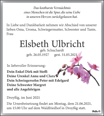 Traueranzeige von Elsbeth Ulbricht von Trauerkombi Zeitz
