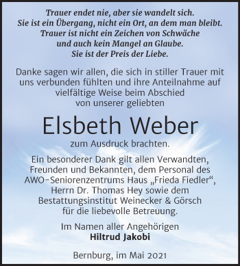 Traueranzeige von Elsbeth Weber von Trauerkombi Bernburg