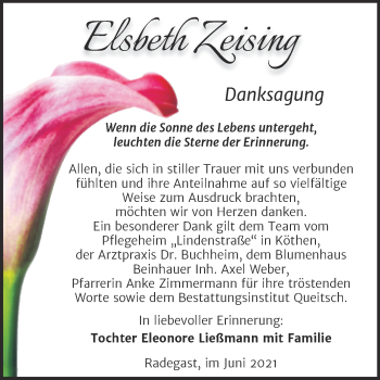 Traueranzeige von Elsbeth Zeising von Trauerkombi Köthen