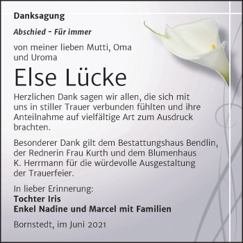 Traueranzeige von Else Lücke von Trauerkombi Mansfelder Land