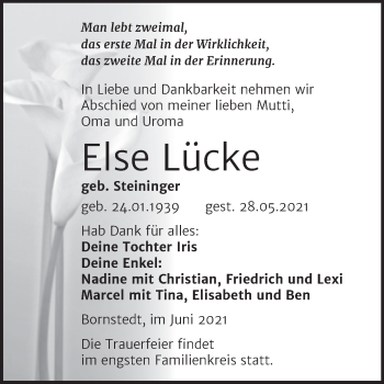 Traueranzeige von Else Lücke von Trauerkombi Mansfelder Land