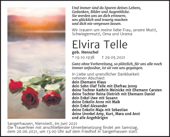 Traueranzeige von Elvira Telle von Trauerkombi Sangerhausen