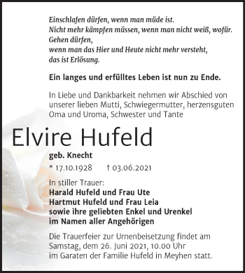 Traueranzeige von Elvire Hufeld von Naumburger Tageblatt