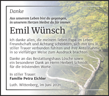 Traueranzeige von Emil Wünsch von Trauerkombi Wittenberg