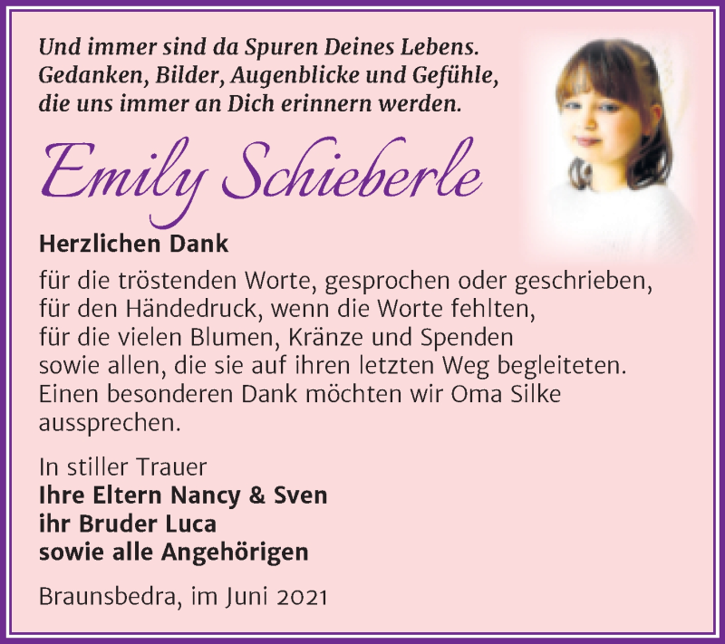  Traueranzeige für Emily Schieberle vom 05.06.2021 aus Trauerkombi Merseburg