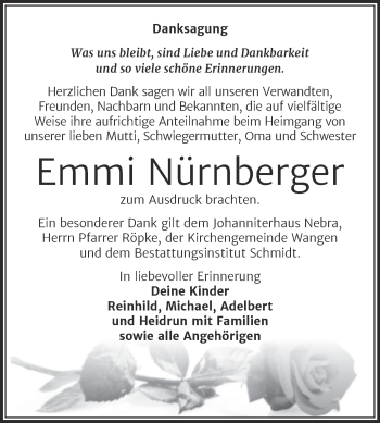 Traueranzeige von Emmi Nürnberger von Super Sonntag Naumburg/Nebra