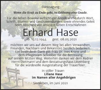 Traueranzeige von Erhard Hase von Trauerkombi Mansfelder Land