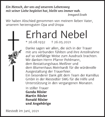 Traueranzeige von Erhard Nebel von Trauerkombi Sangerhausen