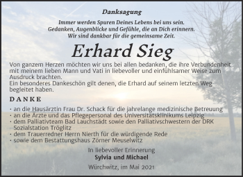 Traueranzeige von Erhard Sieg von Trauerkombi Zeitz
