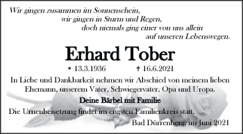 Traueranzeige von Erhard Tober von Super Sonntag Merseburg/Querfurt
